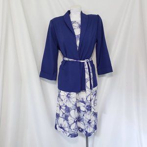 Vintage Late-70s 80s Mod Blue White Floral Shift Dress Blazer Large 3 Piece Set